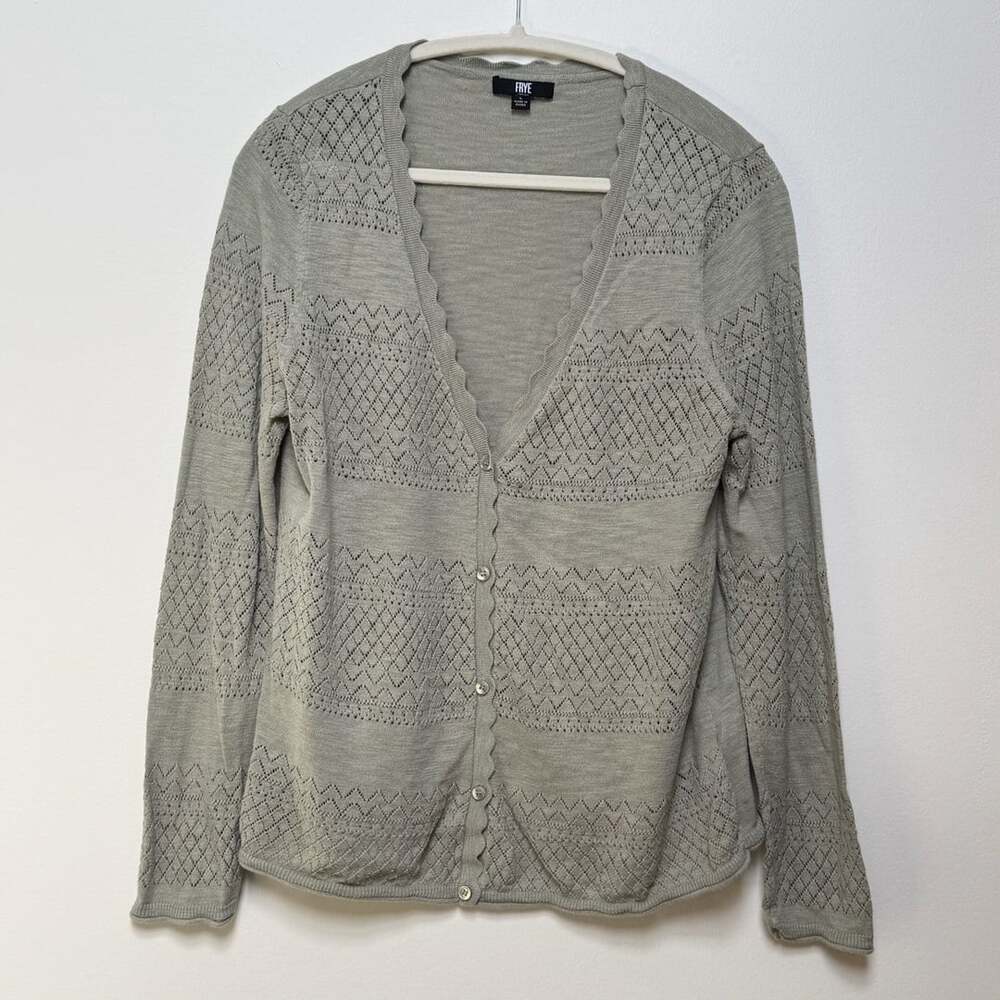 Frye sage Gray Pointelle Scalloped Edge Cardigan Sweater Sz L